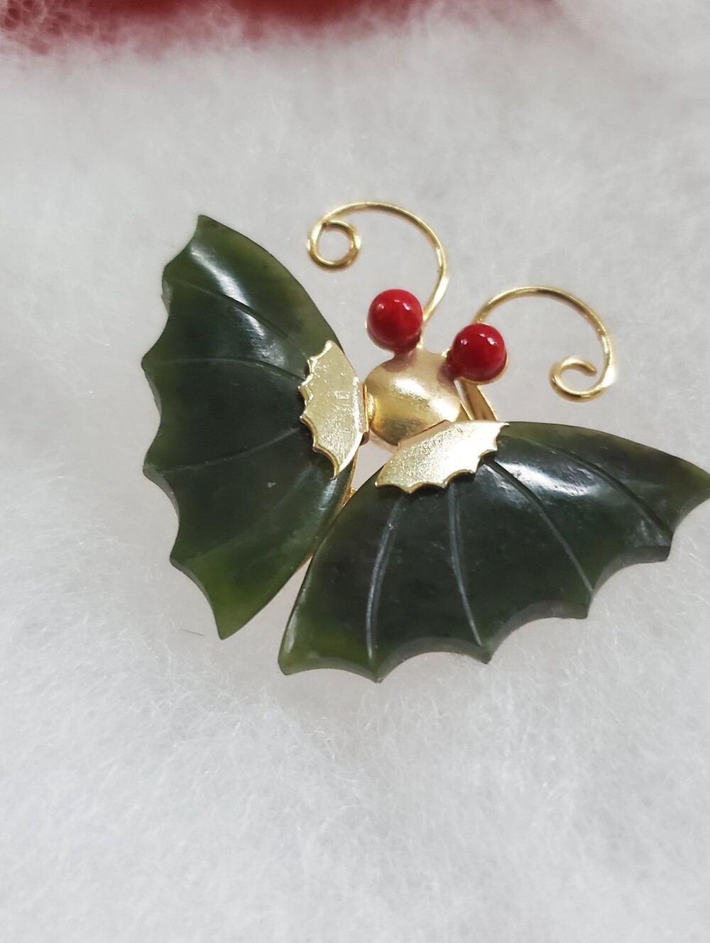 Jade Butterfly Brooch or Pendant with Coral Eyes